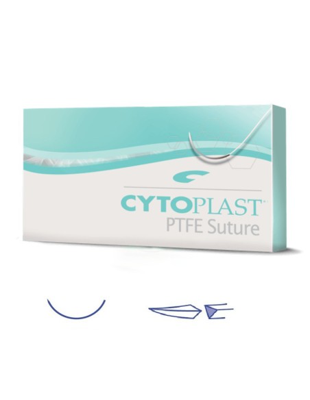Cytoplast Sutura PTFE No Reabsorbible, USP 5-0, Aguja 3/8 Corte Reversible, Hebra 45cm Caja 12 uds Osteogenics