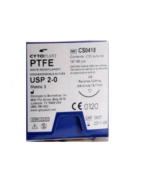 Cytoplast Sutura PTFE No Reabsorbible Aguja 19 mm 3/8 Corte Reversible 2-0 Hebra 45cm Osteogenics