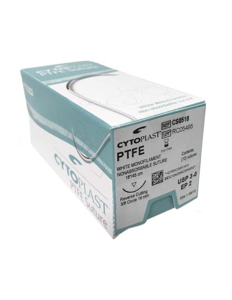 Sutura PTFE No Reabsorbible Cytoplast Aguja 16mm 3/8 Aguja Corte Reversible USP 3-0 Hebra 71cm 12 uds Osteogenics