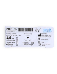 Sutura PTFE USP 4/0 Aguja 16mm con Punta Cortante 3/8 Círculo, Hebra 75cm Caja 12 uds Omnia
