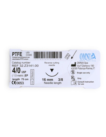 Sutura PTFE USP 4/0 Aguja 16mm con Punta Cortante 3/8 Círculo, Hebra 75cm Caja 12 uds Omnia