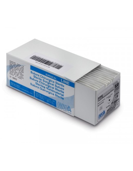 Sutura PTFE USP 5/0 Aguja 12mm 3/8 Círculo Punta Cortante, Hebra 75cm Estéril Caja 12 uds Omnia