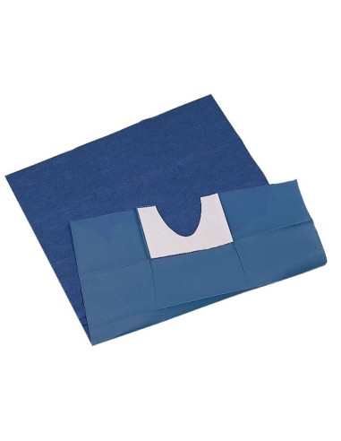 Talla Quirúrgica TNT con Fisura en Forma de U Adhesiva, 100x150cm Estéril, Azul 25 uds Omnia