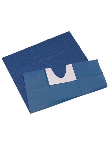 Talla Quirúrgica TNT con Fisura en Forma de U Adhesiva, 100x150cm Estéril, Azul 25 uds Omnia