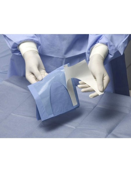 Talla Quirúrgica TNT con Fisura en Forma de U Adhesiva, 100x150cm Estéril, Azul 25 uds Omnia