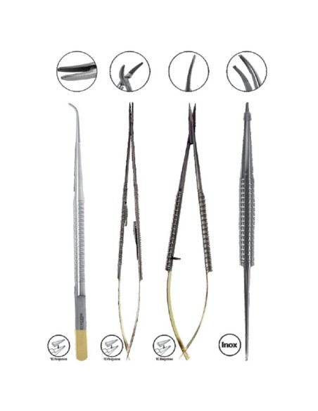 Kit Microcirugía 18cm TC / Acero, Pinzas, Porta-Agujas y Tijeras, Puntas Curvas, 4 piezas Masters