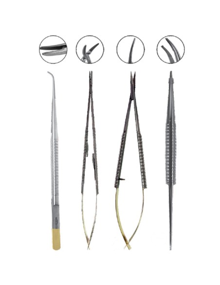 Kit Microcirugía 18cm TC / Acero, Pinzas, Porta-Agujas y Tijeras, Puntas Curvas, 4 piezas Masters