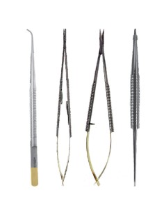Kit Microcirugía 18cm TC / Acero, Pinzas, Porta-Agujas y Tijeras, Puntas Curvas, 4 piezas Masters