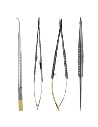 Kit Microcirugía 18cm TC / Acero, Pinzas, Porta-Agujas y Tijeras, Puntas Curvas, 4 piezas Masters