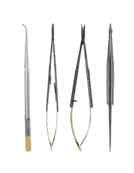 Kit Microcirugía 18cm TC / Acero, Pinzas, Porta-Agujas y Tijeras, Puntas Curvas, 4 piezas Masters