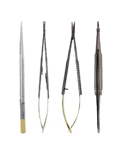Kit Microcirugía 18cm TC / Acero, Pinzas, Porta-Agujas y Tijeras, Puntas Rectas, 4 piezas Masters
