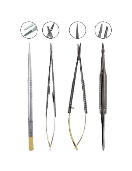 Kit Microcirugía 18cm TC / Acero, Pinzas, Porta-Agujas y Tijeras, Puntas Rectas, 4 piezas Masters
