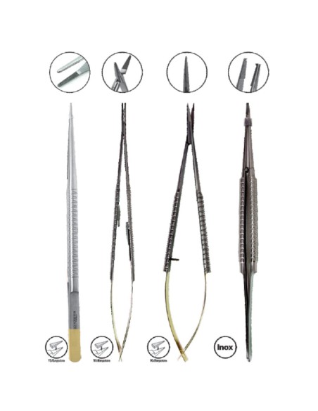 Kit Microcirugía 18cm TC / Acero, Pinzas, Porta-Agujas y Tijeras, Puntas Rectas, 4 piezas Masters