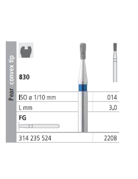 Fresas Diamante FG 220B Pera, Punta Convexa, Medio 830-014 L 3,0 Caja 6u Intensiv