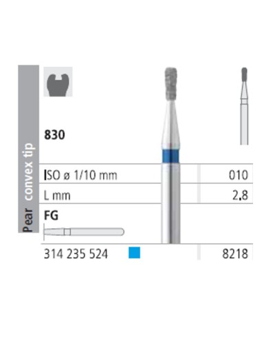 Fresas Diamante FG 8218 Pera, Punta Convexa, Medio 830-010 Azul L2,8 Caja 6u Intensiv