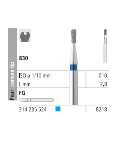 Fresas Diamante FG 8218 Pera, Punta Convexa, Medio 830-010 Azul L2,8 Caja 6u Intensiv