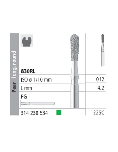 Fresas Diamante FG 225C Pera Larga Redonda, Grueso, Verde 830RL-012 L4,2 Caja 6u Intensiv