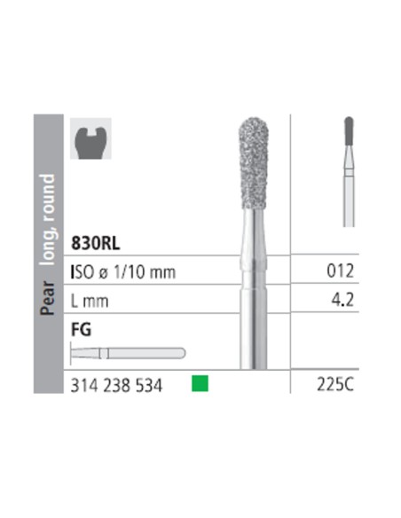Fresas Diamante FG 225C Pera Larga Redonda, Grueso, Verde 830RL-012 L4,2 Caja 6u Intensiv