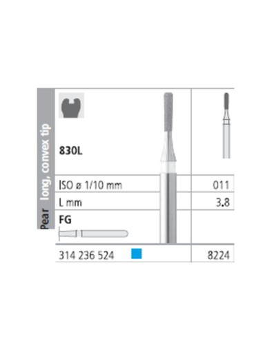 Fresas Diamante FG 8224 Pera, Larga, Punta Convexa, Medio 830L-011 L3,8 Caja 6u Intensiv