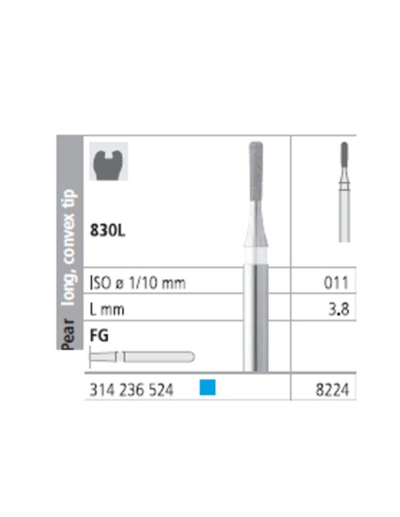 Fresas Diamante FG 8224 Pera, Larga, Punta Convexa, Medio 830L-011 L3,8 Caja 6u Intensiv