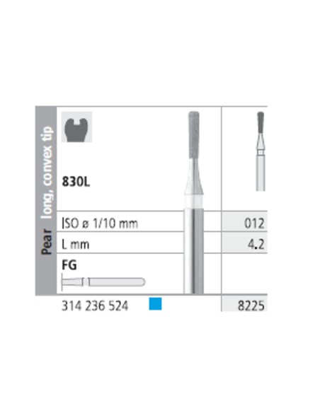 Fresas Diamante FG 8225 Pera, Larga, Punta Convexa, Medio 830L-012 L4,2 Caja 6u Intensiv