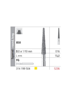 Fresas Diamante FG 5236 Cónico, Redondo, Largo, Extra Fino 850-016 L10 Caja 6u Intensiv