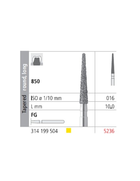 Fresas Diamante FG 5236 Cónico, Redondo, Largo, Extra Fino 850-016 L10 Caja 6u Intensiv