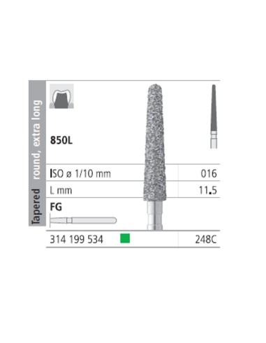 Fresas Diamante FG 248C Cónico, Redondo, Extra Largo, 850L-016 Grueso L11 Caja 6u Intensiv
