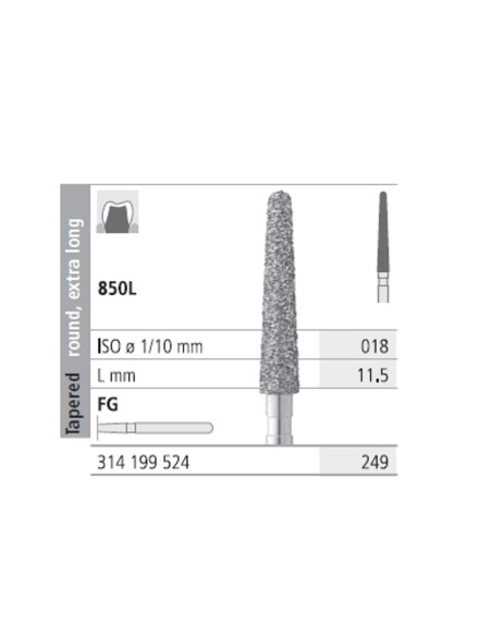 Fresas Diamante FG 249 Cónico, Redondo, Extra Largo, 850L-018 Medio L11.5 Caja 6u Intensiv