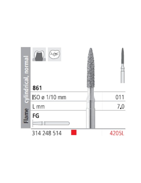 Fresas Diamante FG 4205L Llama Cilíndrica, Normal 861-011 Fino L7 Caja 6u Intensiv