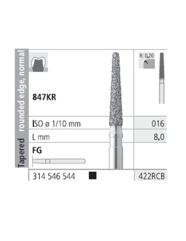 Fresas Diamante FG 422RCB Cónico Redondeado Normal 847KR-016 S. Grueso L8 Caja 6u Intensiv