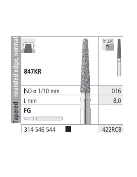 Fresas Diamante FG 422RCB Cónico Redondeado Normal 847KR-016 S. Grueso L8 Caja 6u Intensiv