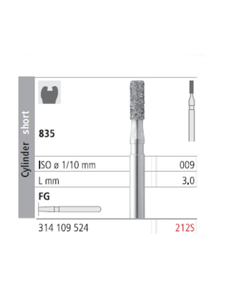 Fresas Diamante FG 212S Cilindro Corto 835-009 Medio L3 Caja 6 uds Intensiv