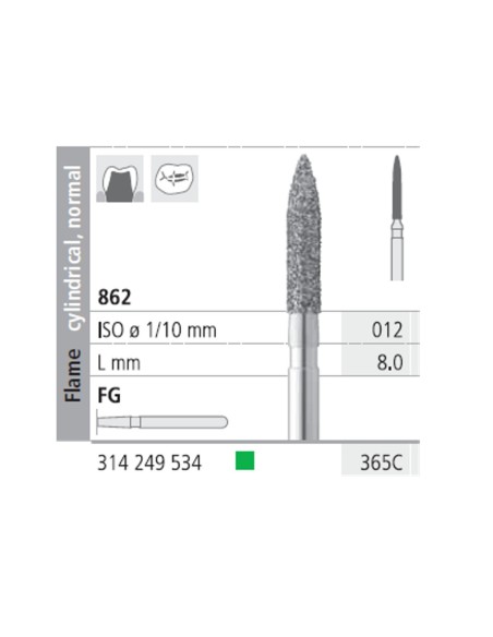 Fresas Diamante FG 365C Llama Cilíndrica, Normal 862-012 Grueso L8 mm Caja 6 uds Intensiv