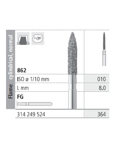 Fresas Diamante FG 364 Llama Cilíndrica, Normal 862-010 Medio L8 mm Caja 6 uds Intensiv