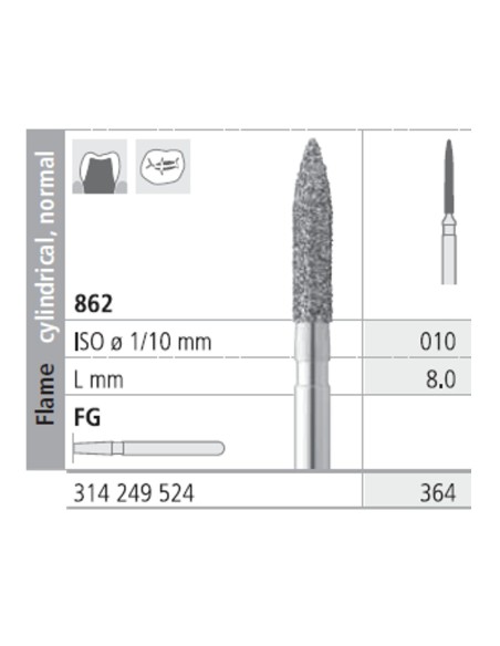 Fresas Diamante FG 364 Llama Cilíndrica, Normal 862-010 Medio L8 mm Caja 6 uds Intensiv