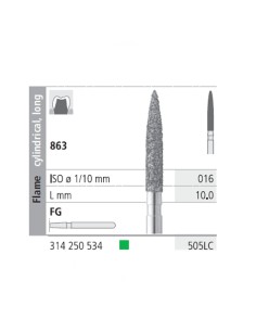 Fresas Diamante FG 505LC Llama Cilíndrica, Larga 863-016 Grueso L10 mm Caja 6 uds Intensiv
