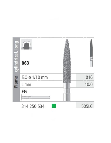 Fresas Diamante FG 505LC Llama Cilíndrica, Larga 863-016 Grueso L10 mm Caja 6 uds Intensiv