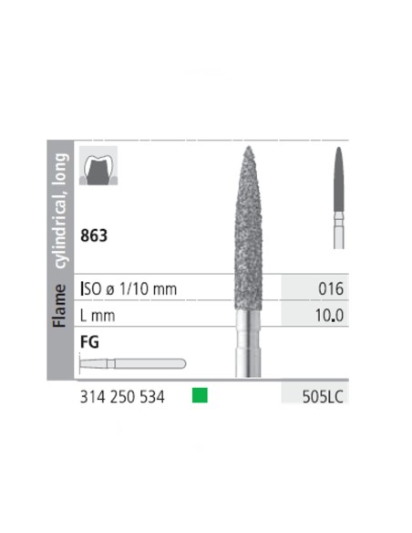 Fresas Diamante FG 505LC Llama Cilíndrica, Larga 863-016 Grueso L10 mm Caja 6 uds Intensiv