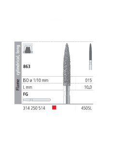 Fresas Diamante FG 4505L Llama Cilíndrica, Larga 863-015 Fino L10 mm Caja 6 uds Intensiv
