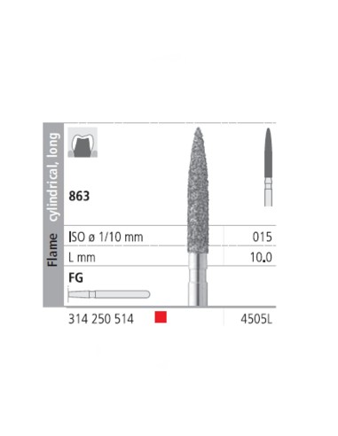 Fresas Diamante FG 4505L Llama Cilíndrica, Larga 863-015 Fino L10 mm Caja 6 uds Intensiv