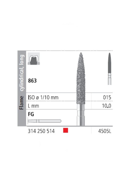 Fresas Diamante FG 4505L Llama Cilíndrica, Larga 863-015 Fino L10 mm Caja 6 uds Intensiv