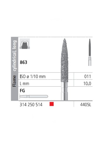 Fresas Diamante FG 4405L Llama Cilíndrica, Larga 863-011 Fino L10 mm Caja 6 unidades Intensiv