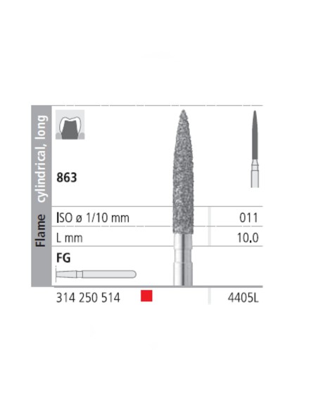 Fresas Diamante FG 4405L Llama Cilíndrica, Larga 863-011 Fino L10 mm Caja 6 unidades Intensiv