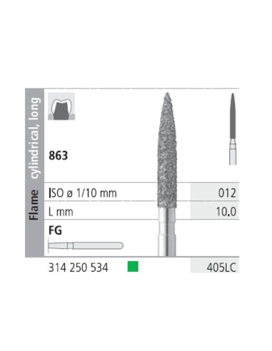 Fresas Diamante FG 405LC Llama Cilíndrica, Larga 863-012 Grueso L10 mm Caja 6 uds Intensiv
