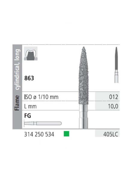 Fresas Diamante FG 405LC Llama Cilíndrica, Larga 863-012 Grueso L10 mm Caja 6 uds Intensiv