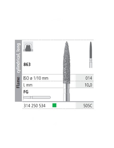 Fresas Diamante FG 505C Llama Cilíndrica, Larga 863-014 Grueso L10 mm Caja 6 uds Intensiv