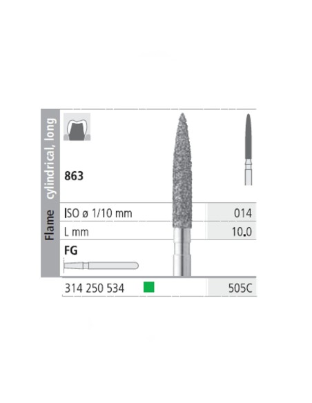 Fresas Diamante FG 505C Llama Cilíndrica, Larga 863-014 Grueso L10 mm Caja 6 uds Intensiv