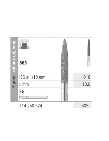 Fresas Diamante FG 505L Llama Cilíndrica, Larga 863-016 Medio L10 mm Caja 6 uds Intensiv
