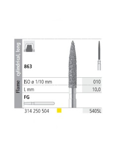 Fresas Diamante FG 5405L Llama Cilíndrica, Larga 863-010 Extra Fino L10 mm Caja 6 uds Intensiv
